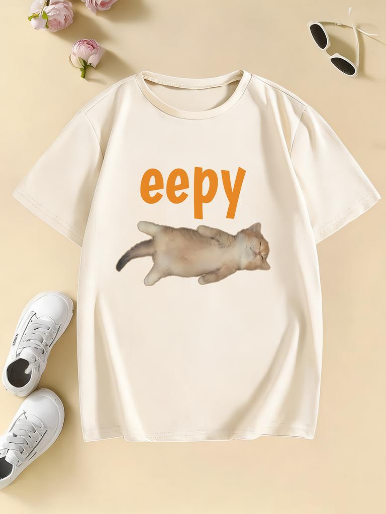 Eepy Cat Design Printed Funny T Shirts Kids Children's T-shirt Boys Girls Summer Spring Casual Top Tee Shirt