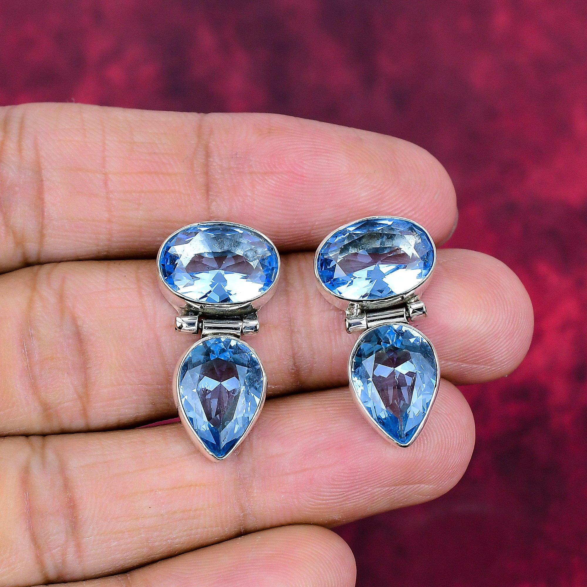 

Swiss Blue Topaz Handmade Gemstone Earrings, 925 Solid Sterling Silver Earrings Antique Jewelry, For Engagement Gift 1.10 Inches