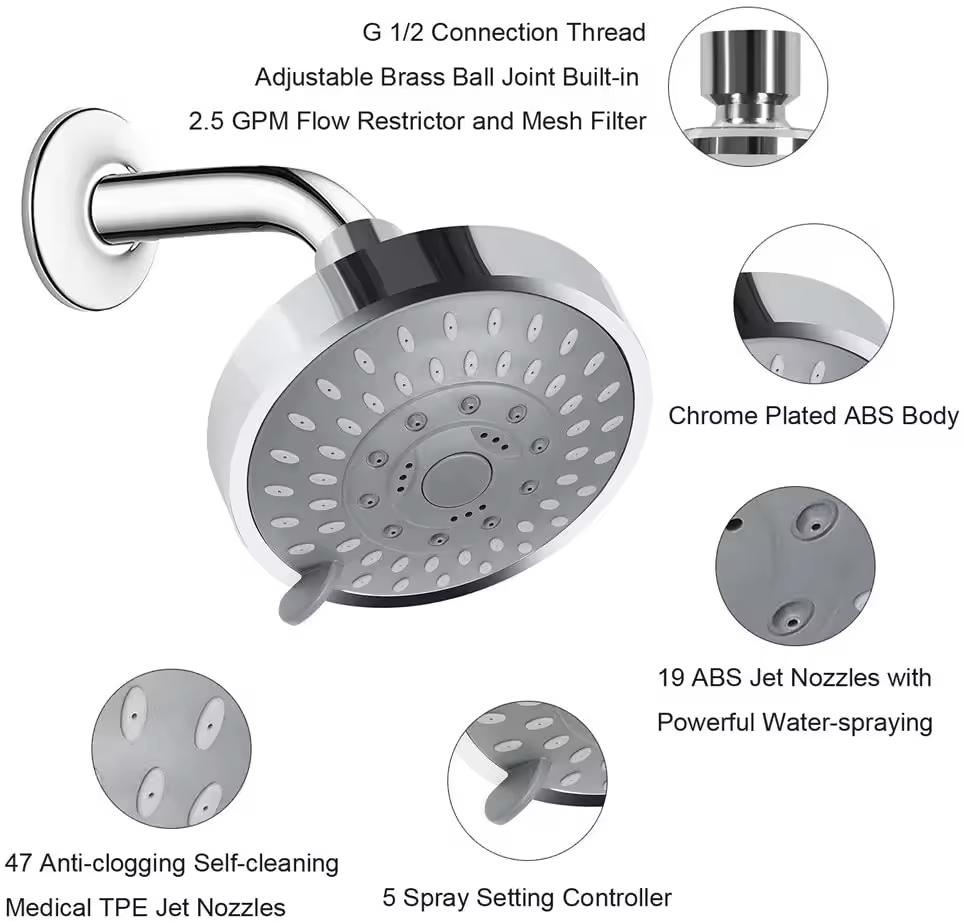 Luxury 5-Setting Rainfall Shower Head High Pressure Fixed Even At Low Water Flow Hot Sales Brass Bathroom Faucet Accessories