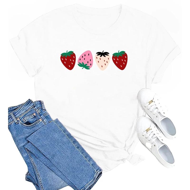 Women's Strawberry Pattern Print Spring and Summer Cotton T-shirt Women's Casual Round Neck Short-sleeved Versatile Top