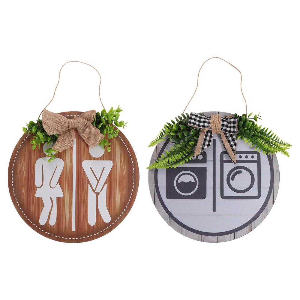 Bow Knot Wooden Toilet Sign Round Wall Hanging Signs Creative Bathroom Sign  Shower Room