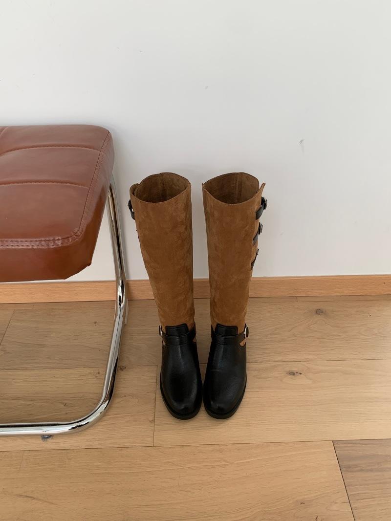 

2025 autumn and winter Korean version niche new thick heel low heel boots women s round head belt buckle sleeve tall knight boots 39 хаки