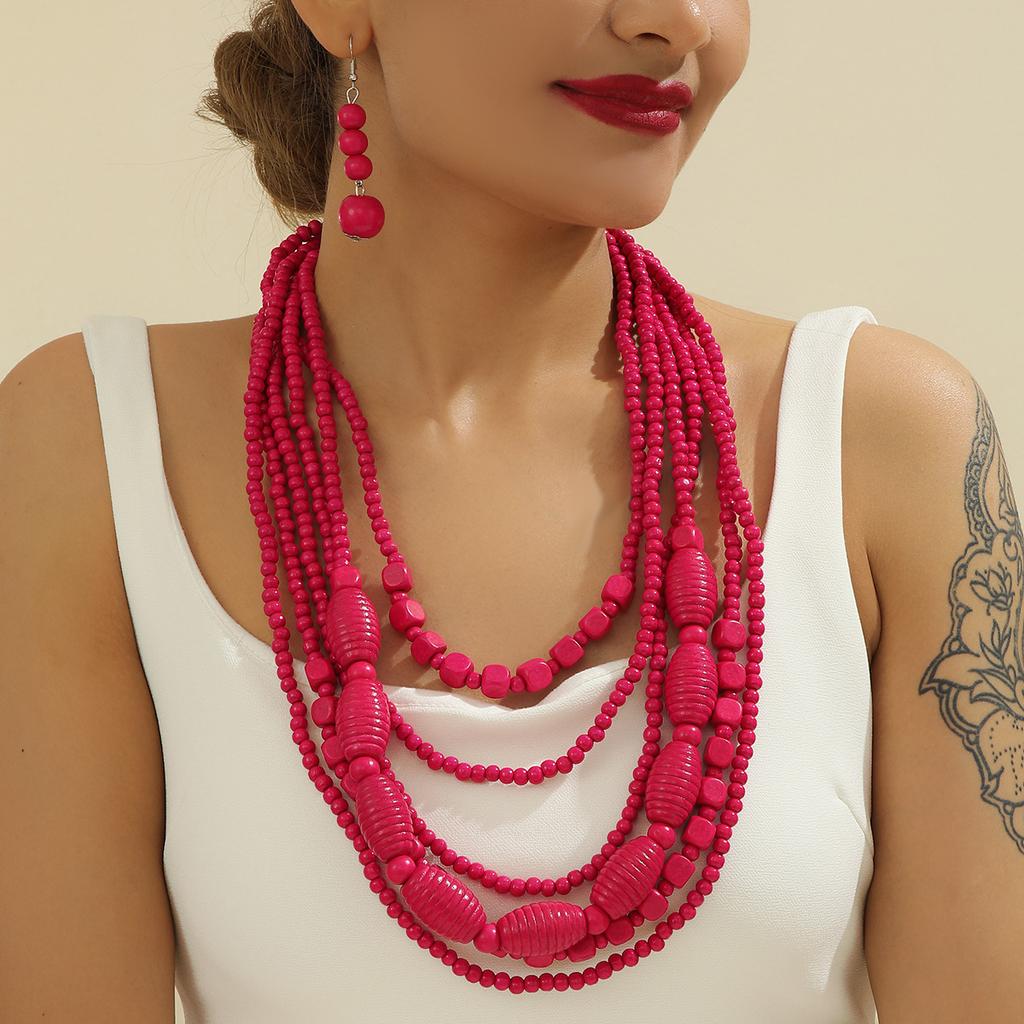 Colorful African Style Multi-Layer Wooden Bead Zircon Sets Chokers Necklace Colorful Bohemian Necklace Earrings Set Party Jewel