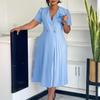 Elegant V Neck Party Dresses for Women Short Sleeve Buttons Pleated Mid Calf Fashion Birthday Party Dinner Vestidos Mujer Robe