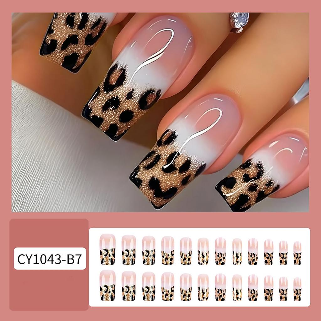 Leopard French Press on Nails Medium Length Nude Pink False Nail Full Cover Artificial Stick on Nails Leopard Pattern Design Acrylic Glue on Nail for