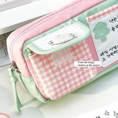 1pc Cute Multi Pocket Pencil Case Large Capacity Pen Bag with Cat Patches for Daily Use and Stationery Organization