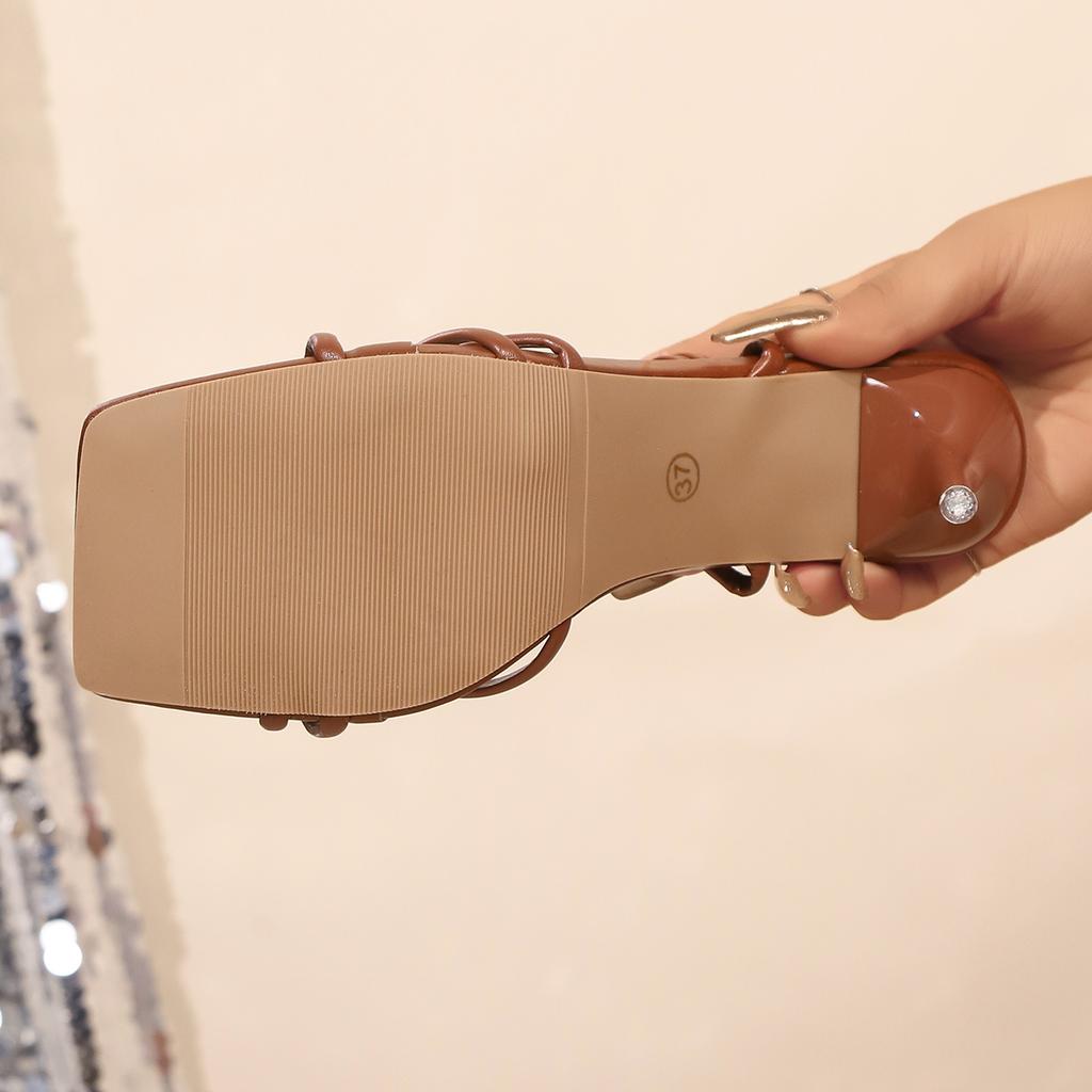 Summer Brown Lace-Up Woman Sandals Leather High Heels Shoes Sexy Party Stilettos or Thin Heels Women's Shoes Plus Size 42