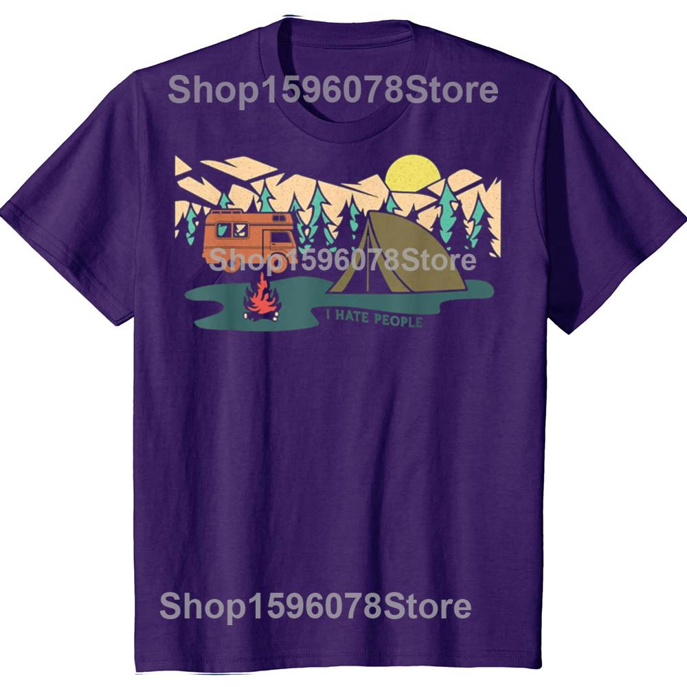 Funny Camping Retro Vintage I Hate People Graphic 100% Cotton T-shirts Men Casual Tshirt Loose Oversized Streetwear T Shirt
