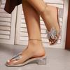 Fashion New Women's High Heels Summer Square Toe Open Toe Rhinestone Bow Clear Crystal Square Heel Non-Slip Slip Slippers