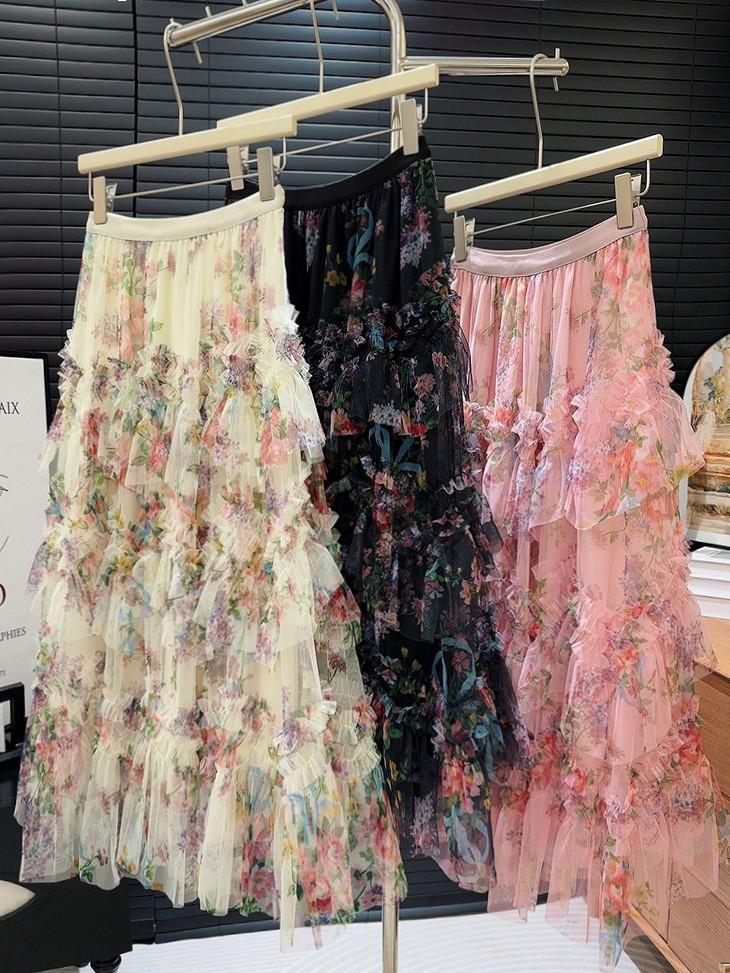 Patchwork Floral Mesh Fluffy Skirt – Women's Long Skirt with Large Hem