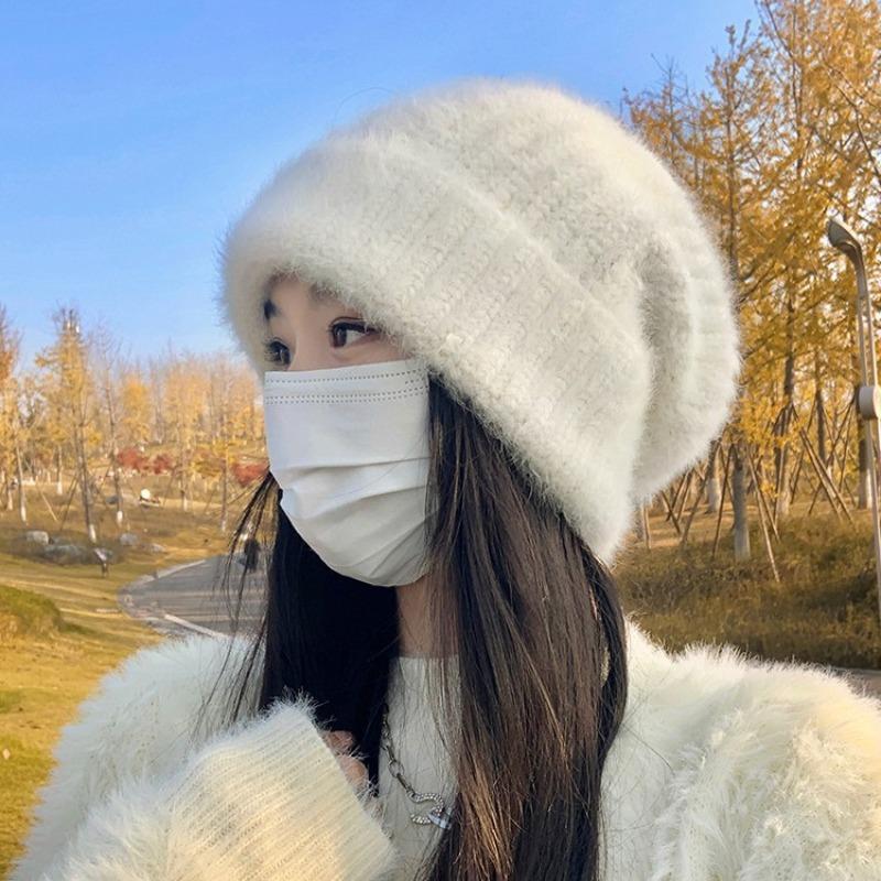 Face little rabbit hair hat women's winter warm wool hat big head circumference temperament white plush knitted ear protector cold hat