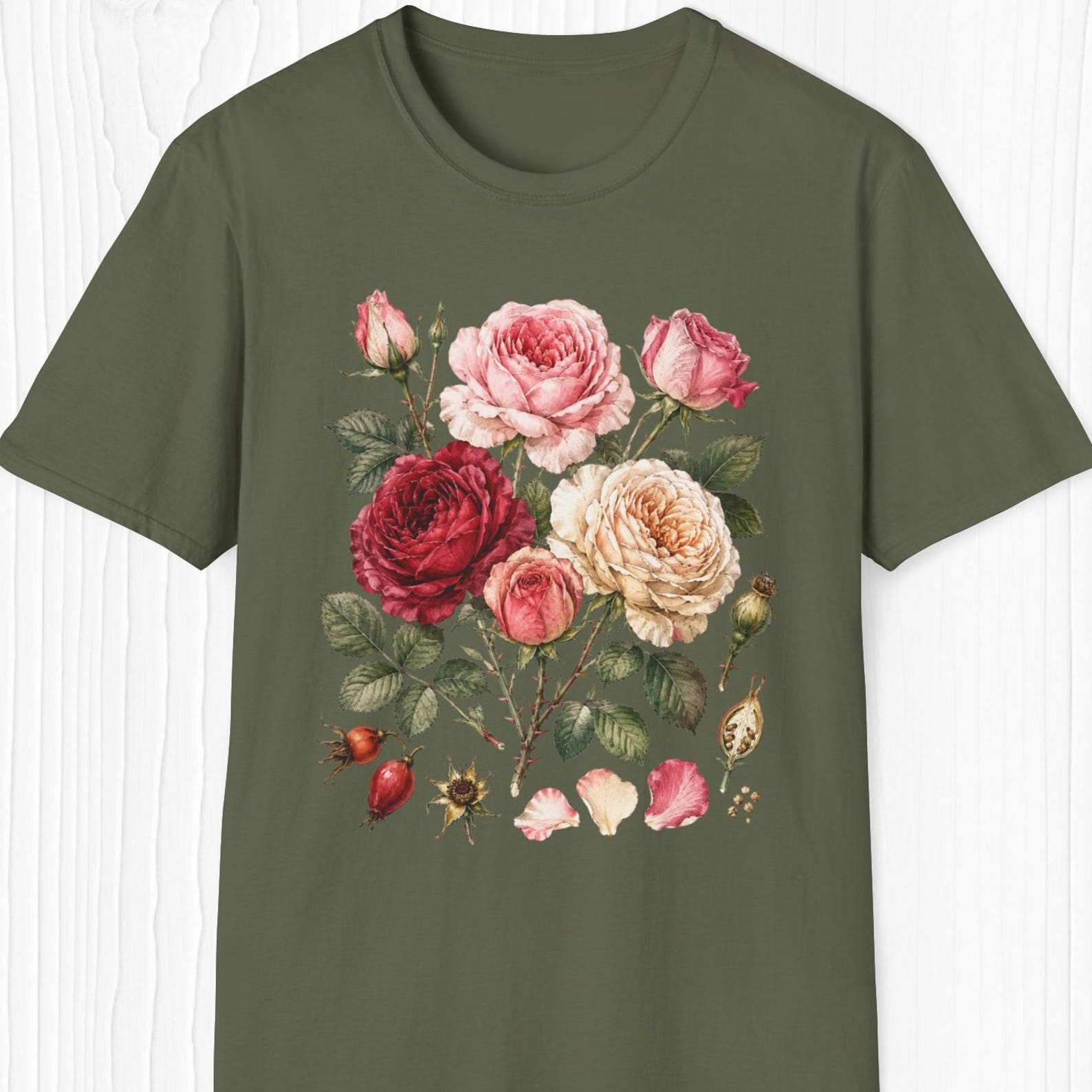 Rose Flower Shirt, Botanical Rose Tee, Pressed Floral T shirt, Garden Lover Shirt, Trendy Flower Tee, Romantic Floral T shirt 3XL