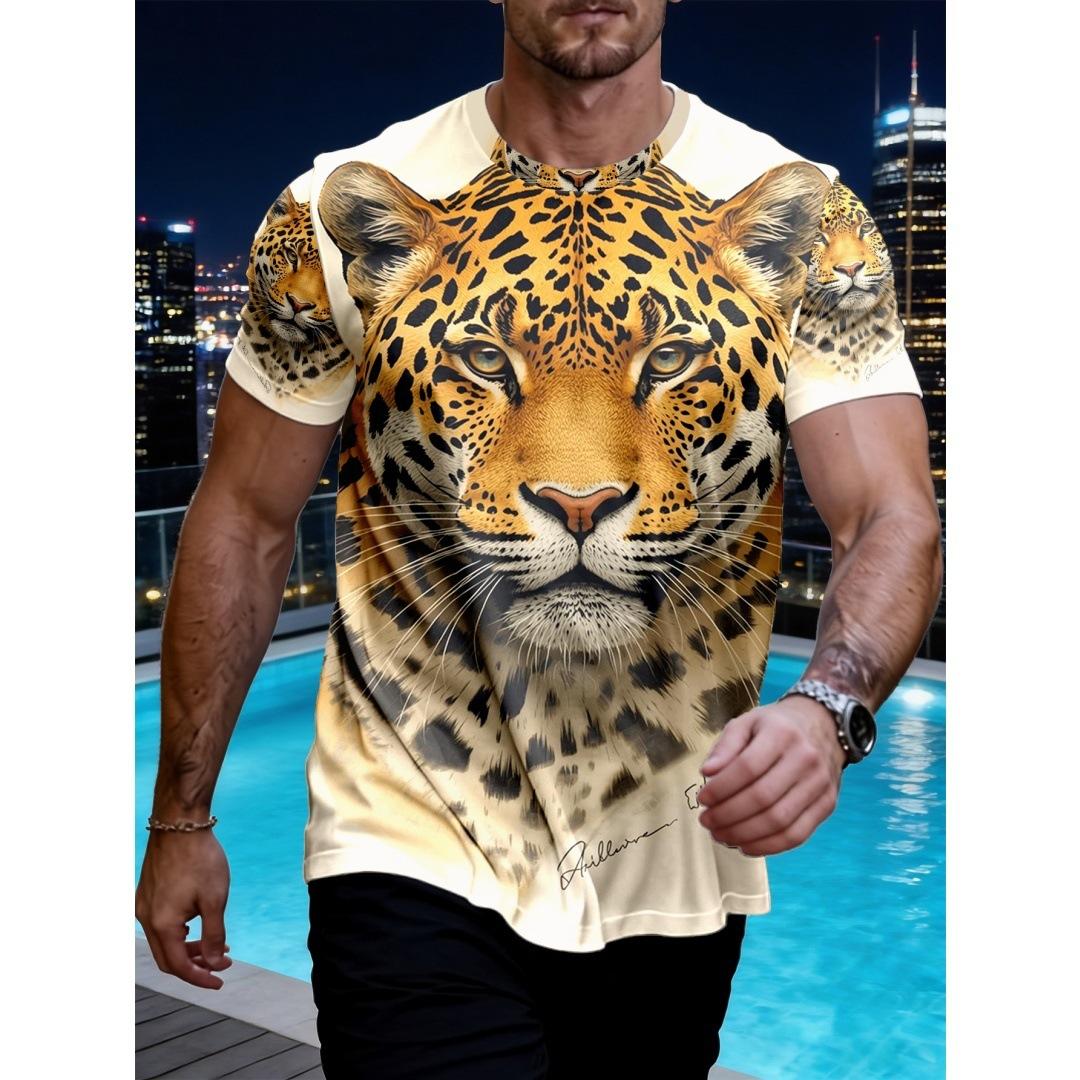 

Cheetah Printed Men s T-Shirt Street Trend Short Sleeve Versatile Men s T-Shirts 6XL бежевий
