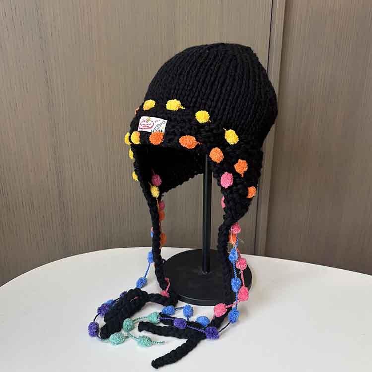 

Sweet Cute Colored Braided Wool Hat Vintage Handwoven Fringed Knitted Hat Kids Season Ear Protector M（56-58cm） чорний