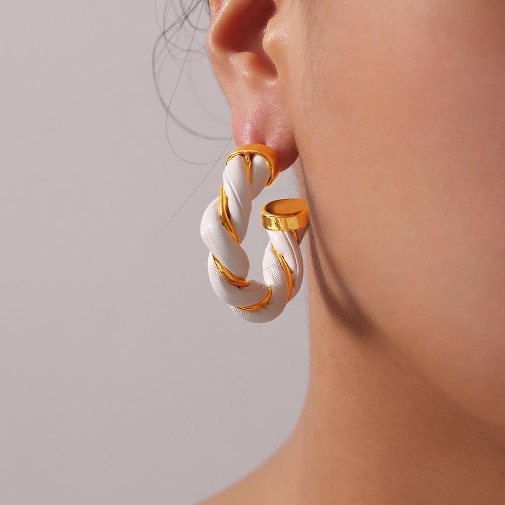 Retro Cable Knit Leather Earrings: French Chic C-Shaped Gold-Plated Copper Hoops