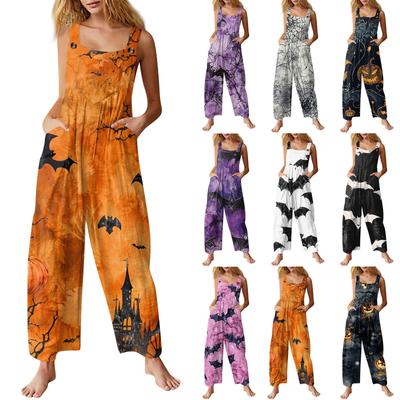 Damenmode Halloween-Print Lässiger Vintage Ärmelloser Knopf-Jumpsuit