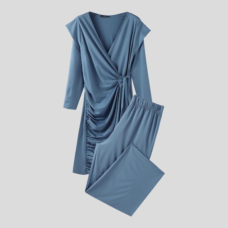 

INCERUN 2 шт. Мужская футболка с V-образным вырезом, длинным рукавом, рюшами и перекручиванием, длинные брюки, комплекты для дома, наряды XL синий