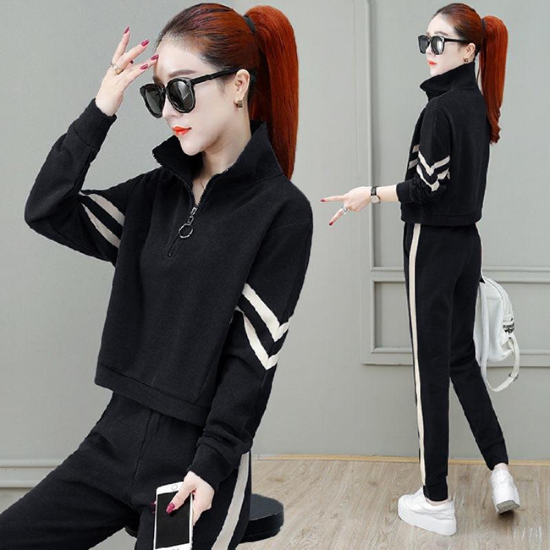 Spring/Autumn Casual Sportswear Set for Women (Korean Version) - Loose-Fitting, Fashionable Long-Sleeved Sweatshirt Set of Two Pieces