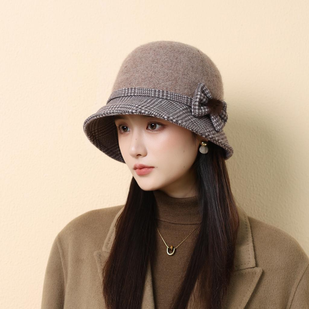 Autumn and Winter New Bow Bucket Hat Women's Woolen Basin Hat Mother Outdoor Warm Hat