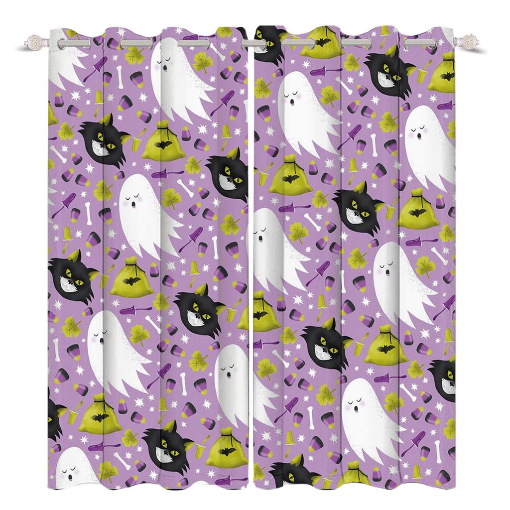 2pcs/set Horror Halloween Window Curtain Bat Spider Pumpkin Ghost Haunted House Home Decor Blackout Polyester Fabric Curtains