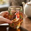 Glass Tea Cup with Bird and Garden Pattern Gold Rim European Style Thickened Material for Home and Office Use