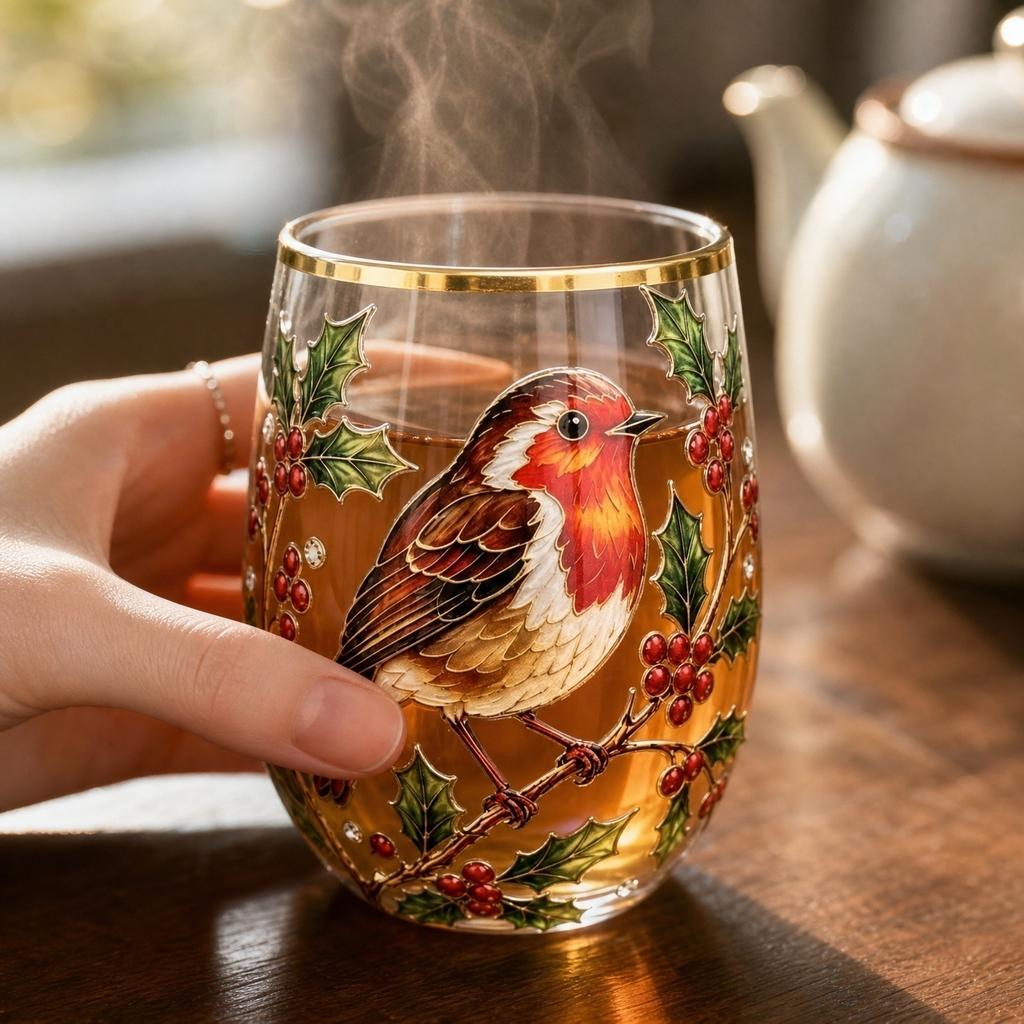 Glass Tea Cup with Bird and Garden Pattern Gold Rim European Style Thickened Material for Home and Office Use