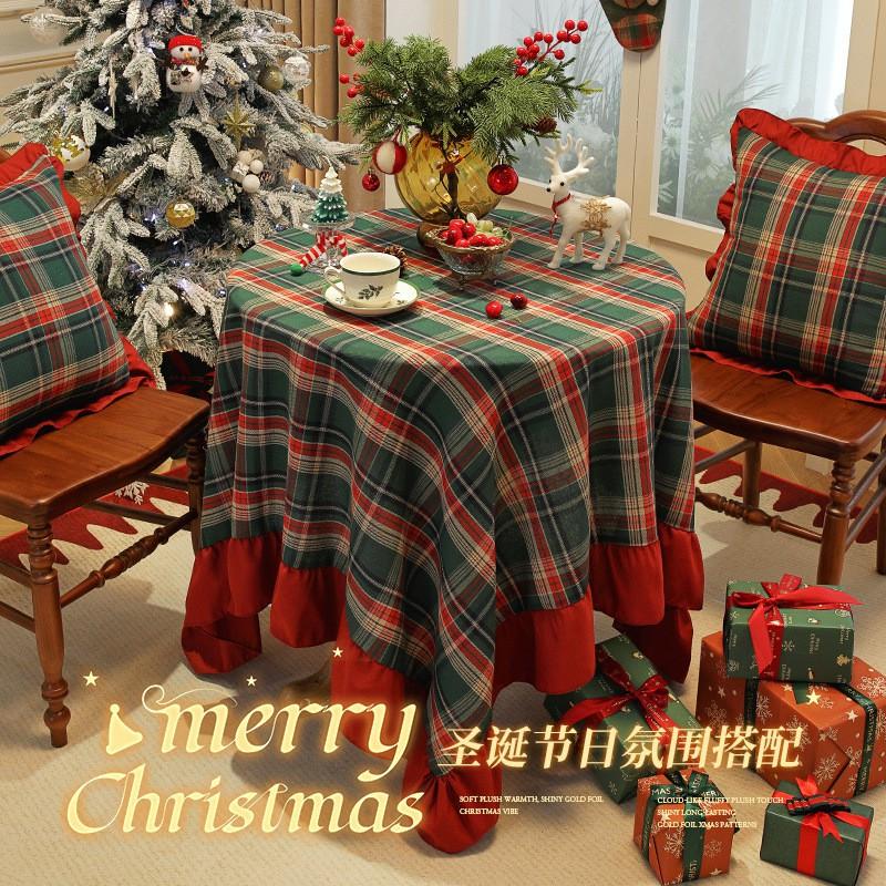 Christmas Green Plaid Ruffled Tablecloth Table Runner Decorative Cloth Home Party
