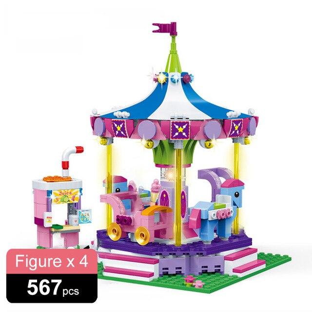 567 stk Fornøyelsespark Jenter Eventyr Karusell Byggeklosser By Street View Merry-Go-Round Murstein Leker For Barn Bursdag
