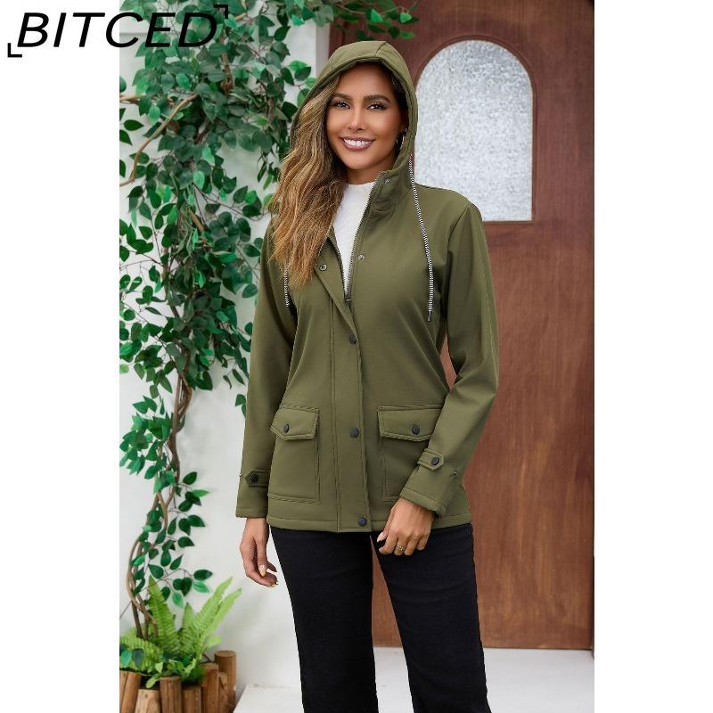 BITCED Women's Spring/Autumn Hooded Trench Coat with Fleece Lining and Water-Repellent Finish Long-Sleeved Zip-Up Cardigan