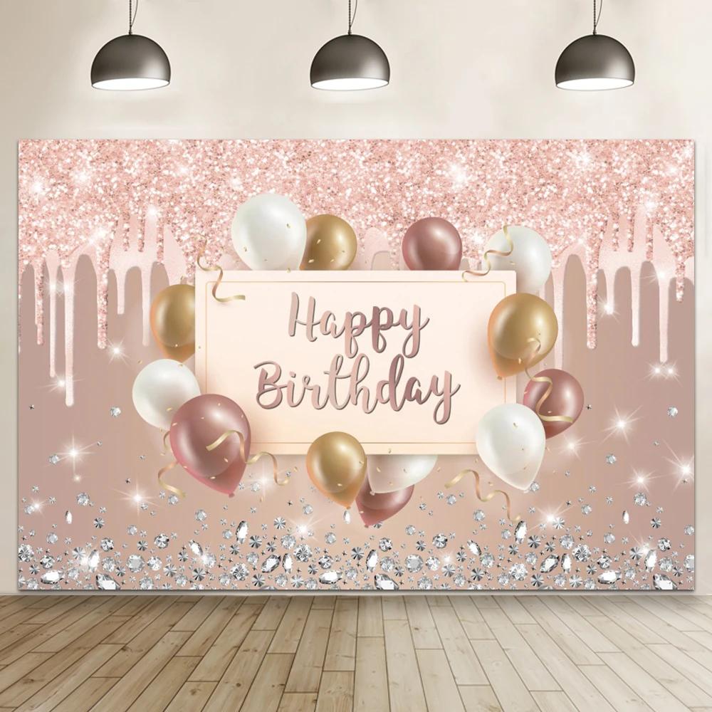 Happy Birthday Banner Backdrop Shiny Diamonds 18th Birthday Decoration Canvas 30th Party Photography Background