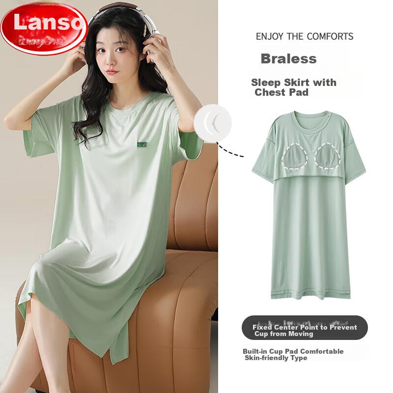 LangSha Padded Nightgown for Women, Loose-Fitting Bra-Free Sleepwear, Thin And Suitable for Outdoor Wear, Short-Sleeved Ladies' Loungewear