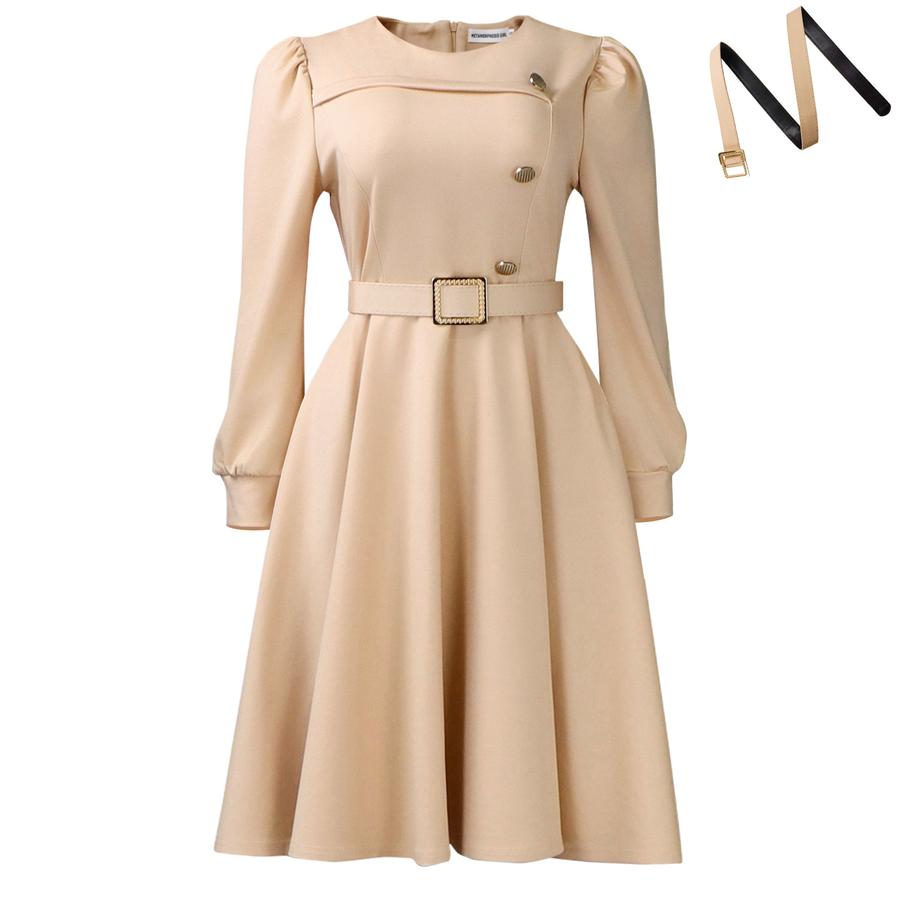 New Style Crew Neck Long Sleeve High Waist A-Line Dress Elegant Party Wear Solid Color  Dress