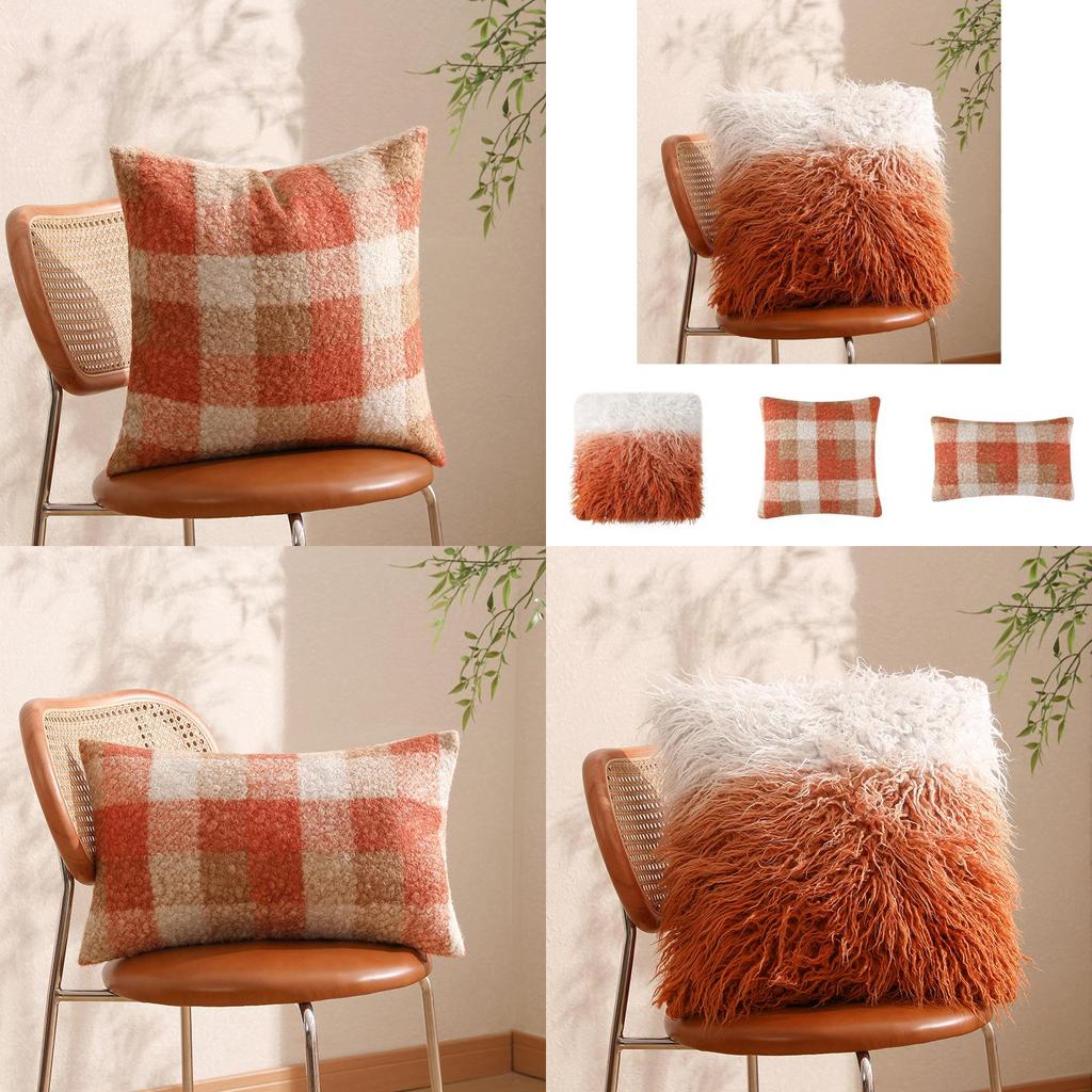 Pillowcase Only Luxurious Plush Gradient Orange Sheepskin Throw Pillow Cover Modern Minimalist