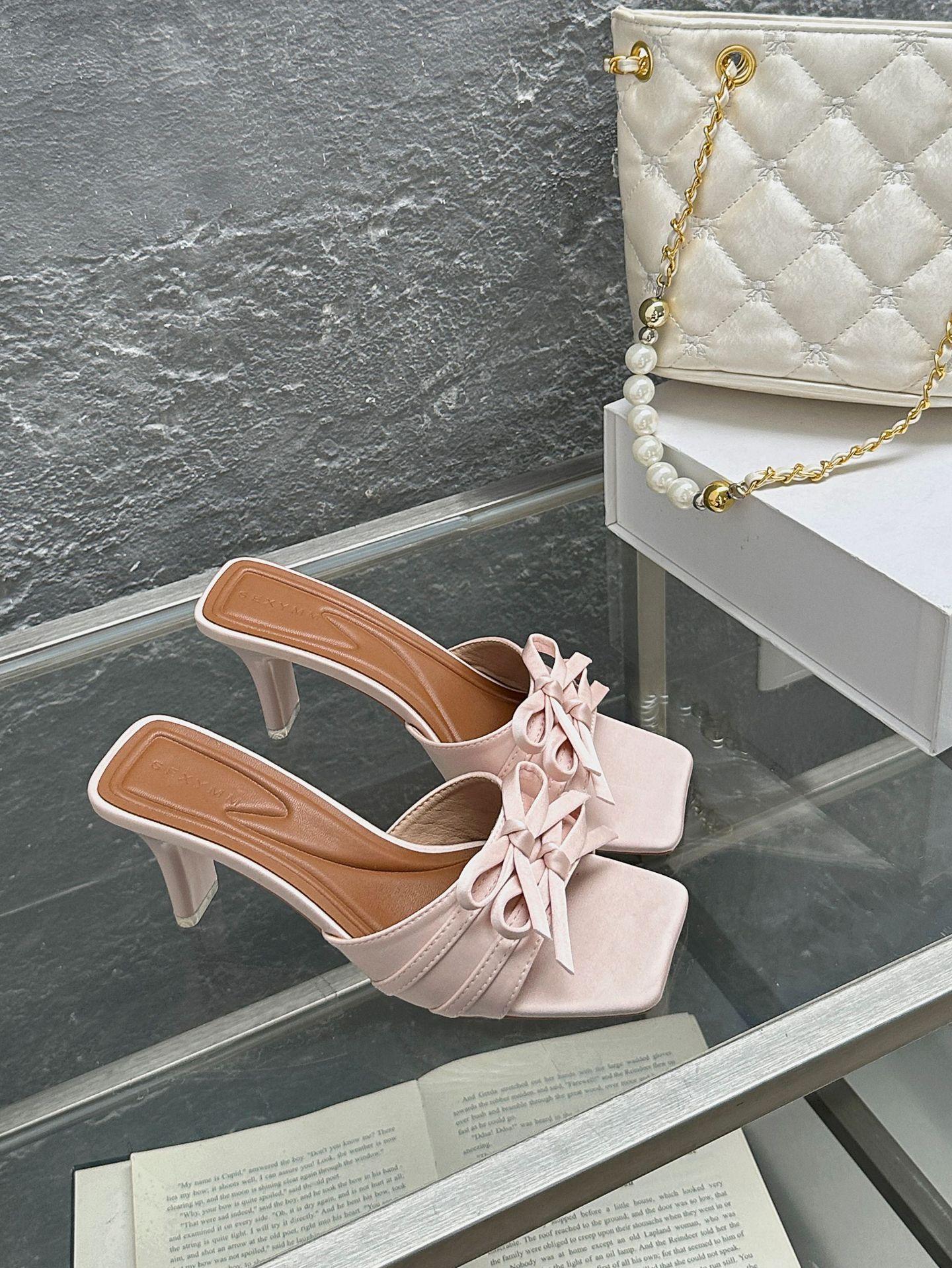 Slippers French Stylesatin Bowsandalswomen S Outdoor Wear Summer Open Toe High Heels 35 розовый