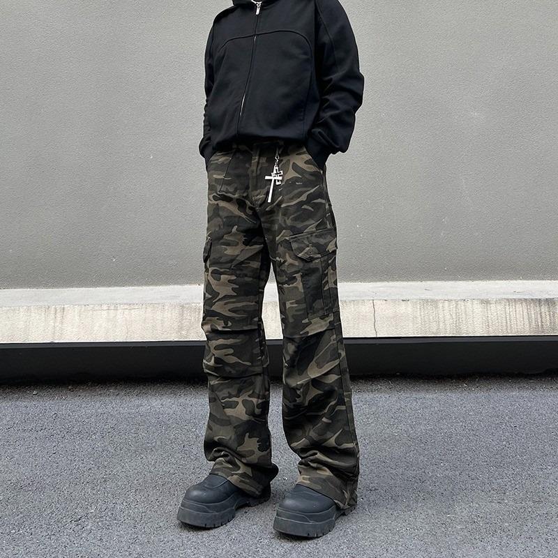 American Retro Pleated Multi-pocket Camouflage Overalls Men's Design Sense Thin Straight Micro-horn Jeans
