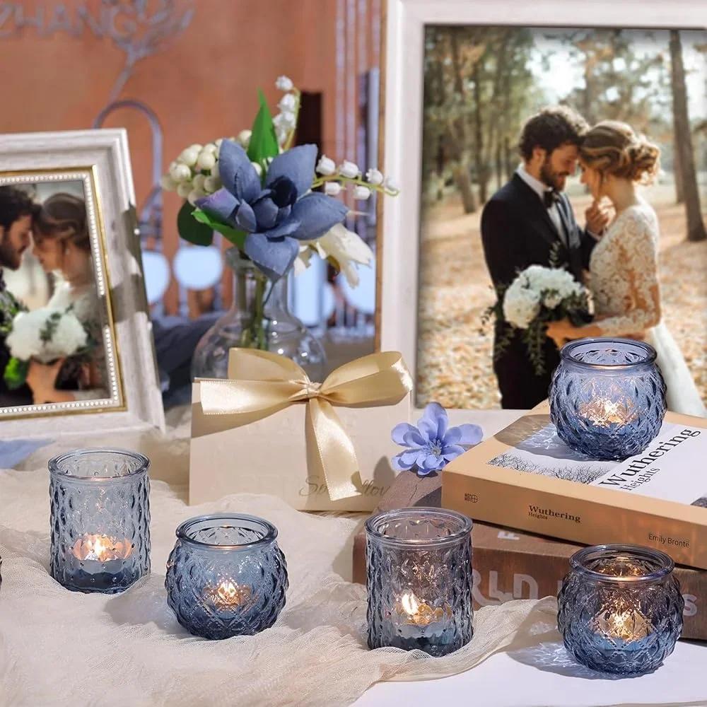 6/12 Sztuk Niebieskich Świeczników Wotywnych Szklany Świecznik na Dekorację Imprezową Świeczki Herbaciane Świeczniki na Wesele Dekoracja Stołu Domowego