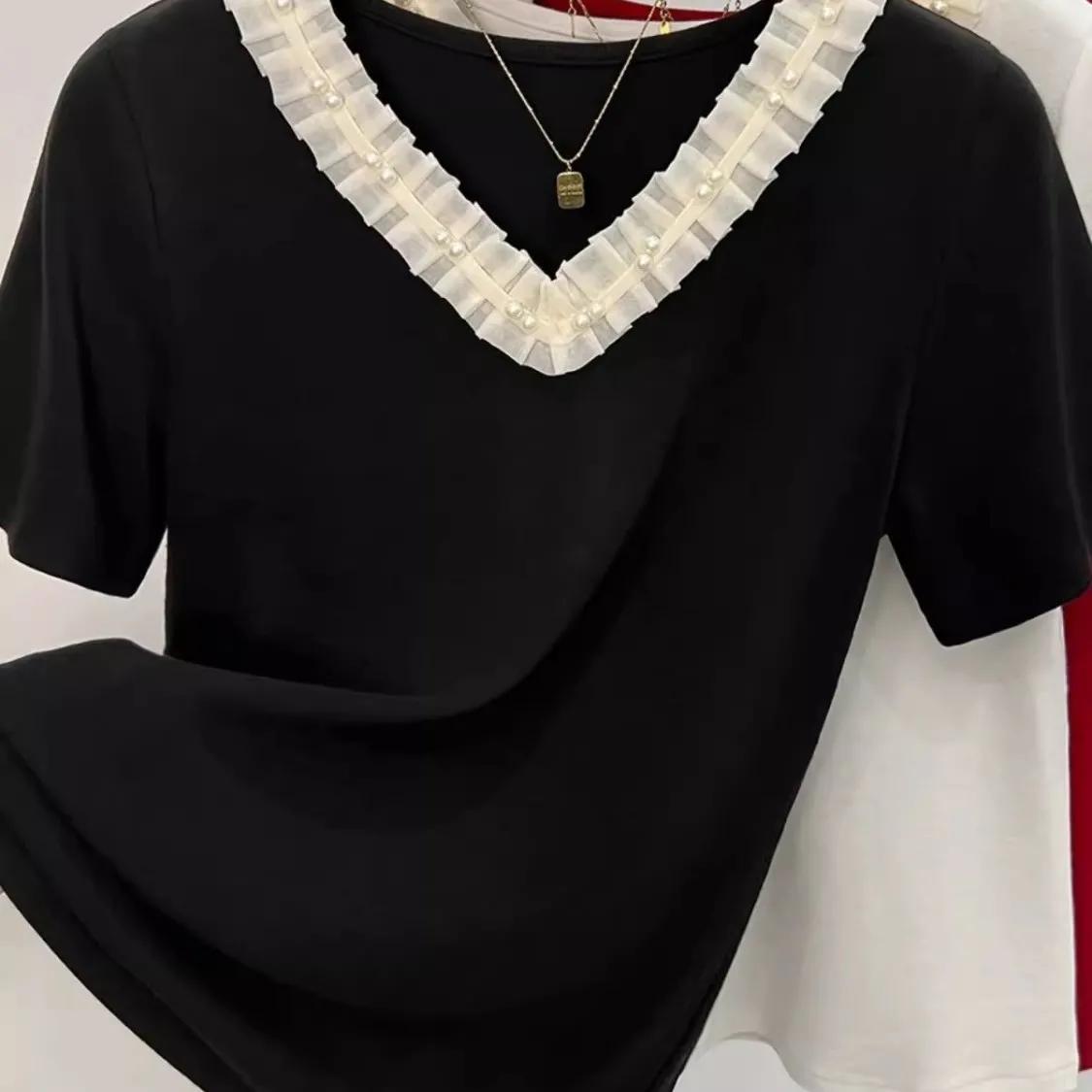 

Летняя красная футболка с короткими рукавами и V-образным вырезом, модная маленькая футболка с V-образным вырезом и кружевом S чёрный