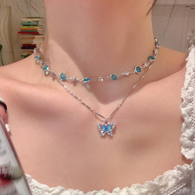 Elegant Blue Crystal Butterfly Necklace Handmade Neckchain Adjustable Length Clavicle Chain Accessory for Everyday Wear