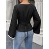 Women Lace Trim Patchwork Lace Up A Line Long Sleeve Commute Blouse For Ladies