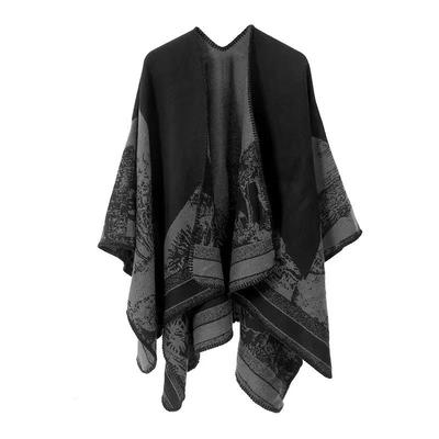 Women's Black & Grey Ethnic Jacquard Shawl with Tassels - Autumn/Winter Warm Travel Cape