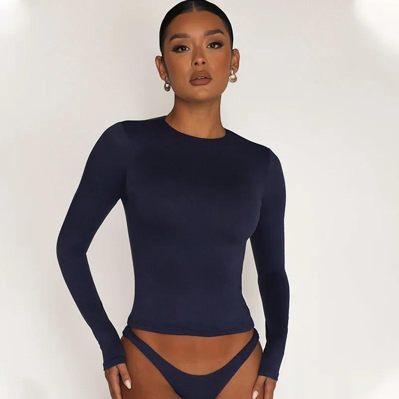 

Весняна футболка Жіночі пуловери приталеного крою Вуличний одяг Однотонна рожева футболка з довгим рукавом і круглим вирізом Y2k Укорочені топи Вінтажні жіночі футболки XL темно-синього кольору