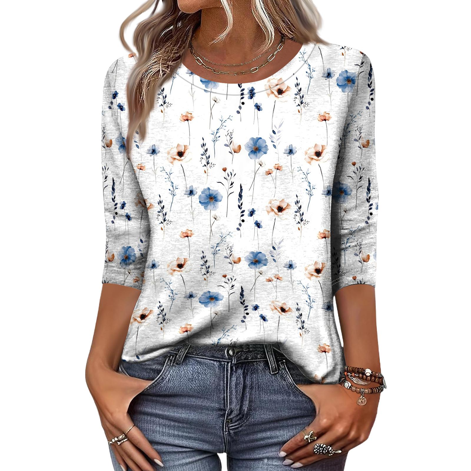 

Women s Fashion Casual Round Neck 3/4 Sleeve Loose Printed T-Shirt Ladies Top L