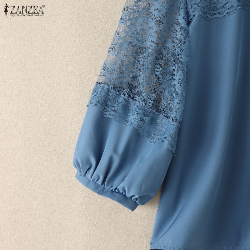 ZANZEA Blusa casual da donna con scollo rotondo, manica a metà, patchwork in pizzo traforato