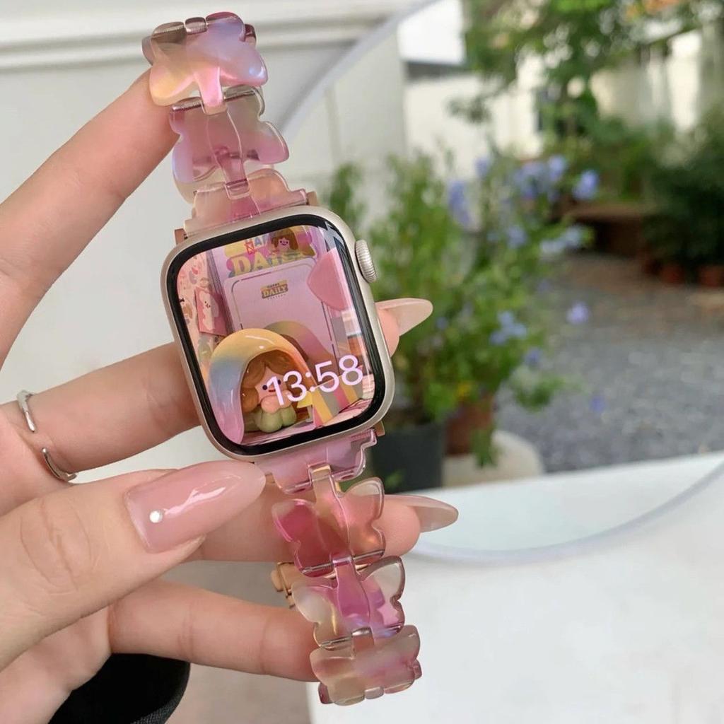 Butterfly Resin Strap for Apple Watch S10-Elastic Retractable Resin Watch Band Female Bracelet for iWatch10/9/8/7/6/5/4/3/2/1/Se/Ultra/Ultra2 42mm