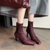 7CM fashionable and foreign style is thin, elastic and thin boots, female celebrity style versatile splicing square head thin heel small short boots, 