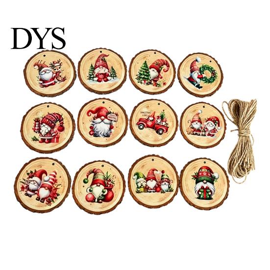 Reusable Xmas Tree Pendants 12/24/36Pcs Christmas Gnome Wooden Ornaments, Round Wood Slice Hanging Decorations, Santa Claus Tags Print Designs