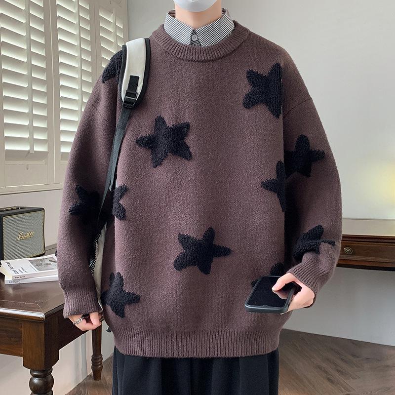 Youth New Year Style Red Embroidered Thick Round Neck Sweater for Men Medium кофейный