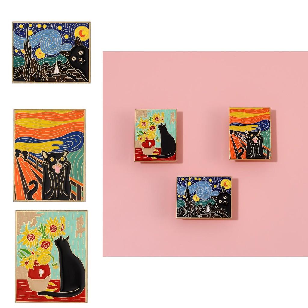 Black Alloy Creative Cat Starry Sky Brooch Cute Animal Design For Clothing And Bags