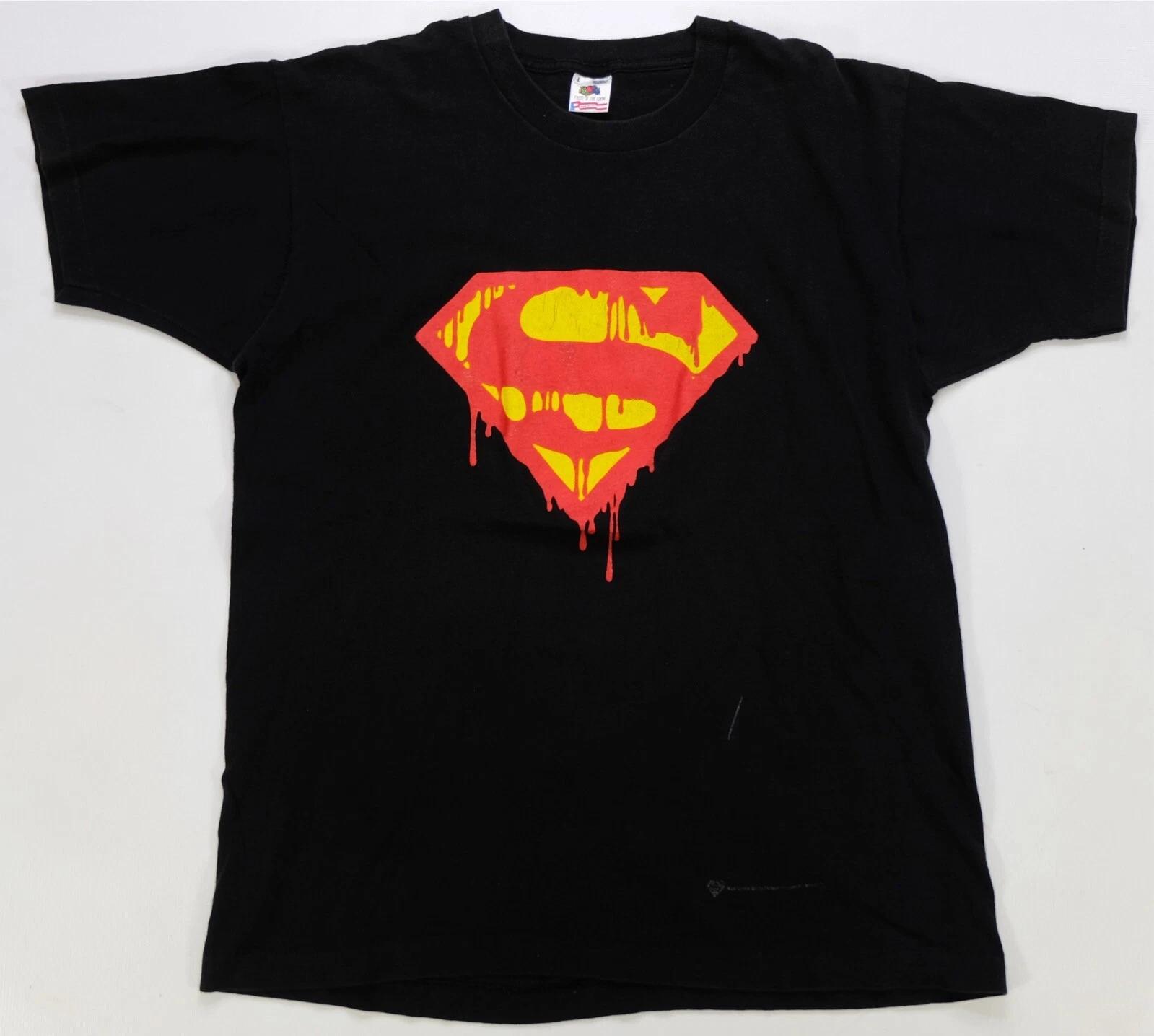 Rare Vintage Superman Dripping S Logo Graphic T Shirt 90s Superhero Black Size L S