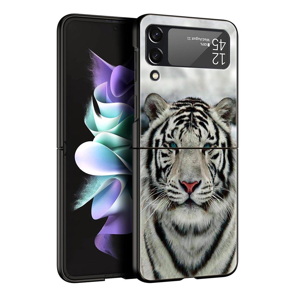 Phone Case for Samsung Galaxy Z Flip 3 4 5 6 7 Folding Black Shell For Samsung Z Flip4 Flip5 PC Hard Cover Animal White Tiger
